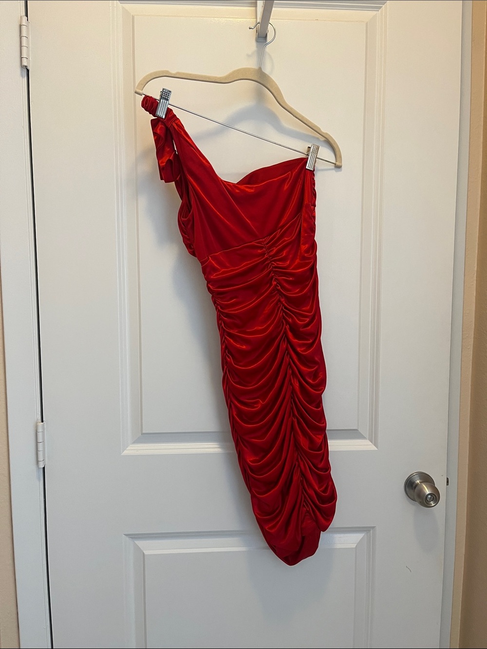 Ruby Rox Red One-Shoulder Ruffled Satin Dress - Picture 2 of 5